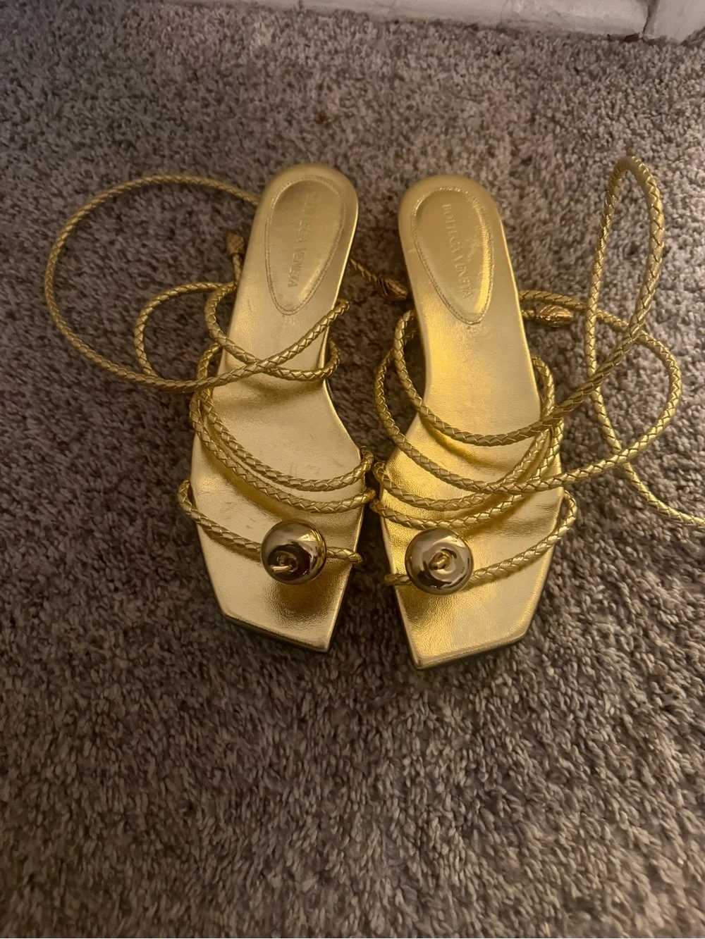 Bottega Veneta Gold Braided Lace-Up Espadrille Sandals